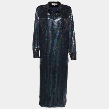 Pre Owned Emilio Pucci Metallic Sequin & Bead Embellished Silk Button Front Shirt Dress L