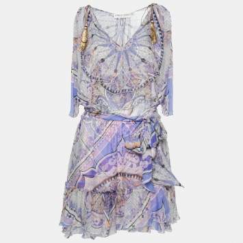 Pre Owned Emilio Pucci Purple Printed Chiffon Neck Tie Detail Belted Mini Dress S