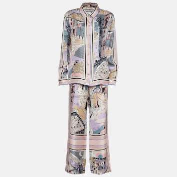 Pre Owned Emilio Pucci Pale Pink Battistero Print Silk Palazzo Trousers & Shirt Set M