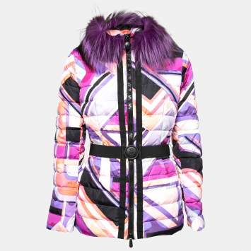 Pre Owned Emilio Pucci Multicolor Printed Synthetic and Fur Trimmed Belted Padded Jacket M