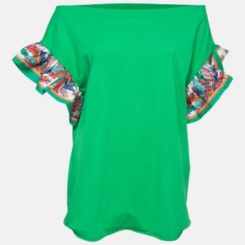Pre Owned Emilio Pucci Green Cotton & Silk Contrast Sleeve Detail T-Shirt L