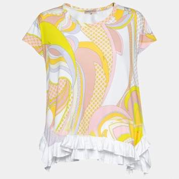Pre Owned Emilio Pucci Multicolor Printed Cotton Ruffled Hem Detail Blouse S