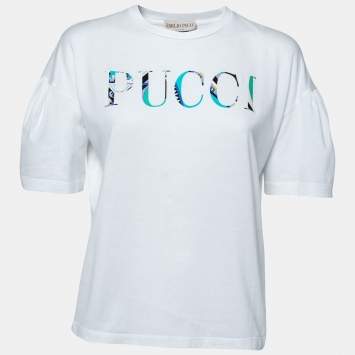 Pre Owned Emilio Pucci White Logo Printed Cotton Short Sleeve T-Shirt S