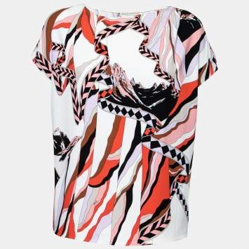 Pre Owned Emilio Pucci Multicolor Printed Stretch Crepe Round Neck Top M