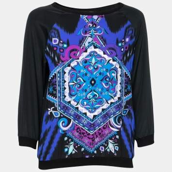 Pre Owned Emilio Pucci Black Printed Silk Rib Knit Trimmed Long Sleeve Top M