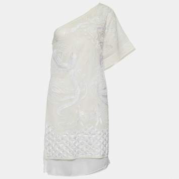 Pre Owned Emilio Pucci Ivory Cotton Voile Embellished One Shoulder Dress L