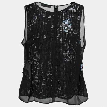 Pre Owned Emilio Pucci Black Sequin Embellished Tulle & Silk Sleeveless Top M