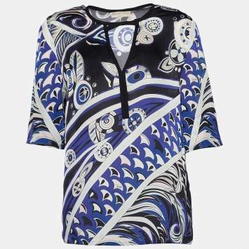Pre Owned Emilio Pucci Purple Printed Silk Bow Neck Detail Blouse M