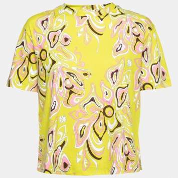 Pre Owned Emilio Pucci Neon Green Printed Cotton Round Neck T-Shirt S