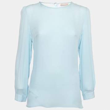Pre Owned Emilio Pucci Light Blue Silk Long-Sleeve Top L 