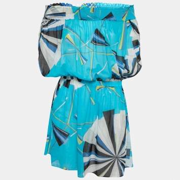 Pre Owned Emilio Pucci Blue Printed Cotton Off-Shoulder Mini Dress M