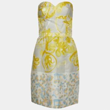 Pre Owned Emilio Pucci Yellow Printed Silk Strapless Mini Dress S
