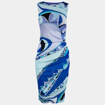 Pre Owned Emilio Pucci Blue Multicolor Printed Jersey Draped Dress M