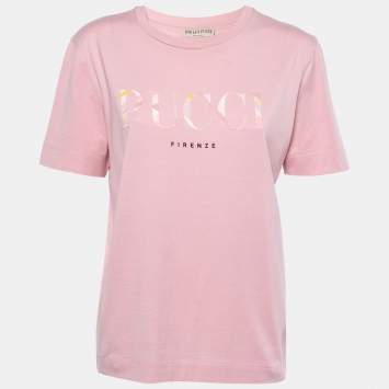Pre Owned Emilio Pucci Pink Jersey Logo Printed Short Sleeve T-Shirt L