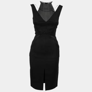 Pre Owned Emilio Pucci Black Crepe Mesh Cutout Detail Midi Dress S