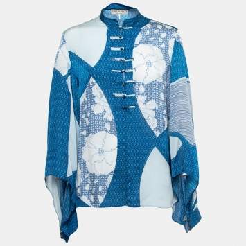 Pre Owned Emilio Pucci Blue Printed Silk Split Sleeve Blouse M
