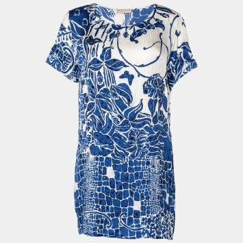 Pre Owned Emilio Pucci Blue & White Silk Jacquard Embellished Mini Dress S