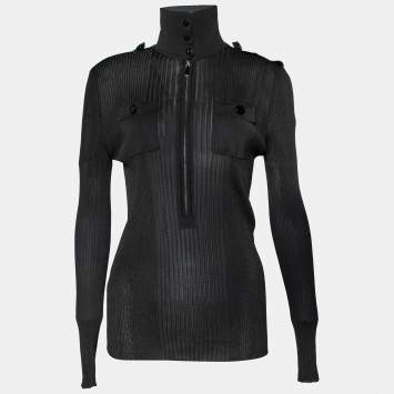 Pre Owned Emilio Pucci Black Jersey Rib Knit Zip Front Polo T-Shirt L
