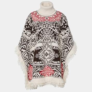 Pre Owned Emilio Pucci Beige Patterned Jacquard Knit Fringed Turtleneck Poncho M