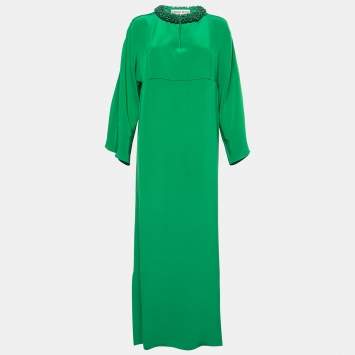 Pre Owned Emilio Pucci Green Silk Embellished Neck Detail Long Dress S 