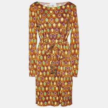 Pre Owned Emilio Pucci Brown Printed Silk Knit Belted Shift Dress L