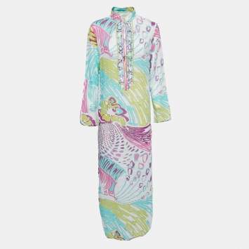 Pre Owned Emilio Pucci Multicolor Graphic Printed Cotton Tie Closure Long Cover-Up Dress M