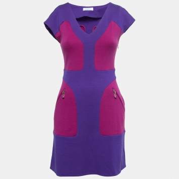 Pre Owned Emilio Pucci Blue/Purple Wool Knit V-Neck Short Dress S