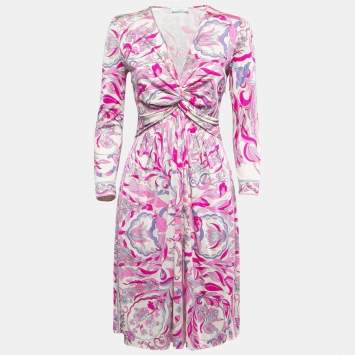 Pre Owned Emilio Pucci White/Pink Printed Silk Ruched Long Sleeve Midi Dress M