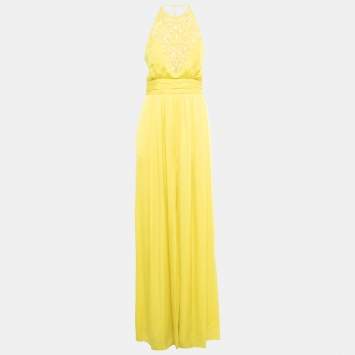 Pre Owned Emilio Pucci Yellow Embroidered Silk Back Open Slit Detail Gown S