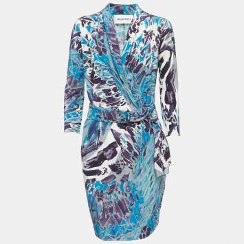 Pre Owned Emilio Pucci Multicolor Printed Silk Long Sleeve Belted Short Dress M