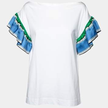 Pre Owned Emilio Pucci White Cotton Knit Contrast Ruffle Sleeve T-Shirt S