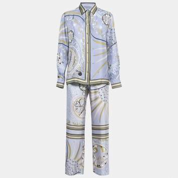 Pre Owned Emilio Pucci Light Blue Esperidi Print Silk Pant Shirt Set M