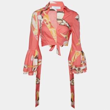 Pre Owned Emilio Pucci Firenze Pink Printed Cotton Wrap Crop Top M
