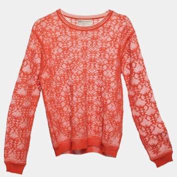 Pre Owned Emilio Pucci Orange Bee Patterned Mesh Knitted Top M