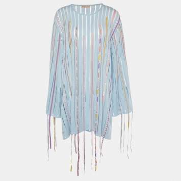 Pre Owned Emilio Pucci Blue Wool Knit & Printed Applique Fringed Detail Mini Dress XL