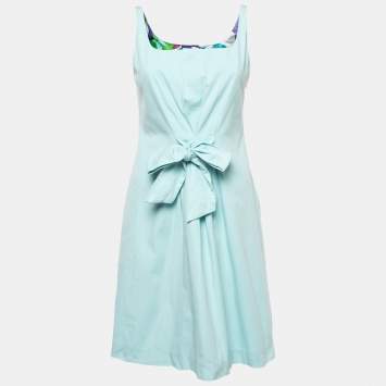 Pre Owned Emilio Pucci Light Blue Cotton Waist Tie Detail Sleeveless Mini Dress M