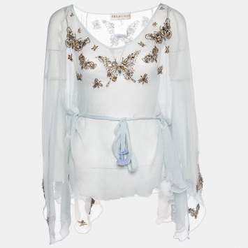 Pre Owned Emilio Pucci Aqua Green Embellished Silk Belted Kaftan Top S