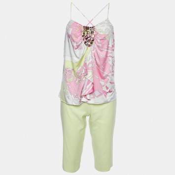 Pre Owned Emilio Pucci Multicolor Printed Jersey Camisole & Green Cotton & Linen Capri Pants L