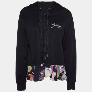 Pre Owned Emilio Pucci Black Cotton Knit Printed Hem Zip Front Hooded Jacket L