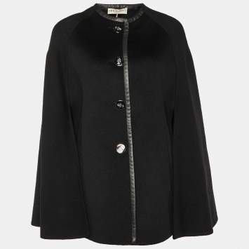 Pre Owned Emilio Pucci Black Wool & Angora Leather Trim Short Cape L