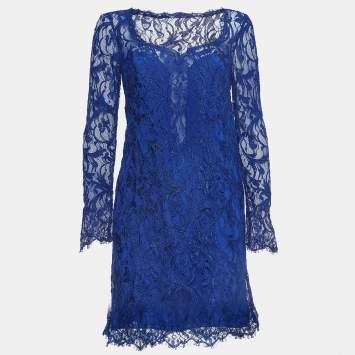 Pre Owned Emilio Pucci Blue Floral Lace Long Sleeve Mini Dress M