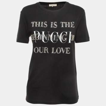 Pre Owned Emilio Pucci Black Embellished Logo Print Cotton Half Sleeve T-Shirt L