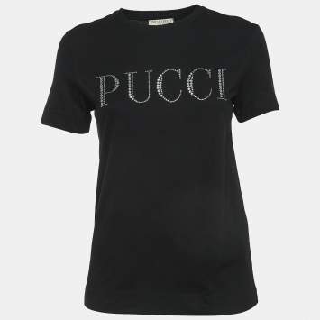 Pre Owned Emilio Pucci Black Rhinestone-Embellished Logo Cotton Jersey T-Shirt S