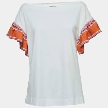 Pre Owned Emilio Pucci White Cotton Knit Contrast Flutter Sleeve T-Shirt M