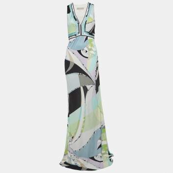 Pre Owned Emilio Pucci Blue Printed Jersey Sleeveless Maxi Dress M