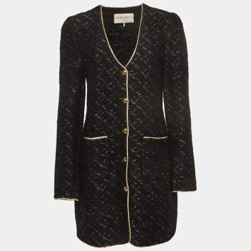 Pre Owned Emilio Pucci Black and Gold Trim Thick Knit Buttoned Coat XL