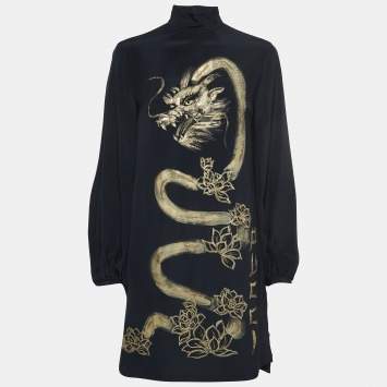 Pre Owned Emilio Pucci Black Hand Painted Dragon Silk Mini Dress M