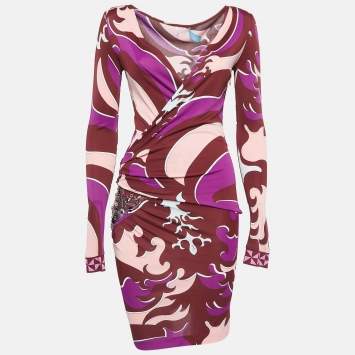 Pre Owned Emilio Pucci Multicolor Printed Jersey Embellished Short Dress S