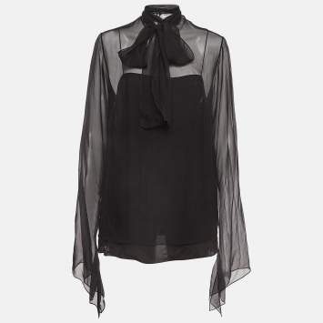 Pre Owned Emilio Pucci Black Sheer Silk Neck Tie Top M