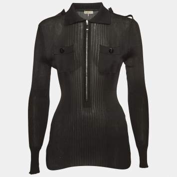 Pre Owned Emilio Pucci Black Jersey Rib Knit Zip Front Polo T-Shirt L